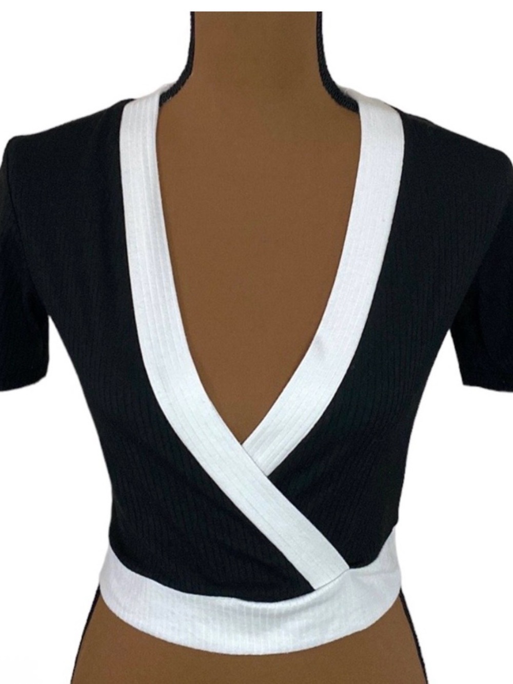 Zara Trafaluc cropped ribbed faux wrap black and white top size M